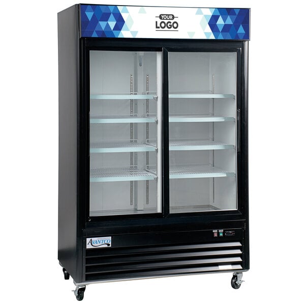 An Avantco black glass door refrigerator with two shelves.