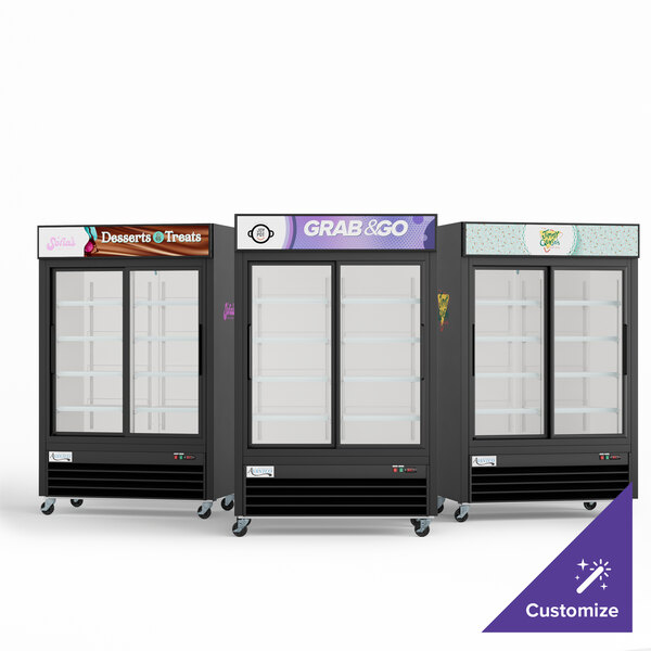 An Avantco black refrigerated merchandiser with sliding glass doors.