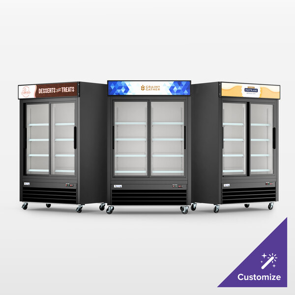 Avantco GDS-47-HC 53 1/8" Black Sliding Glass Door Merchandiser Refrigerator with LED Lighting and Customizable Panel