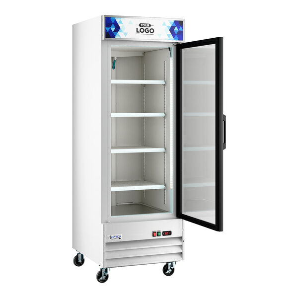 Avantco GDC-23-HC 28 3/8" White Swing Glass Door Merchandiser Refrigerator with LED Lighting and Customizable Panel