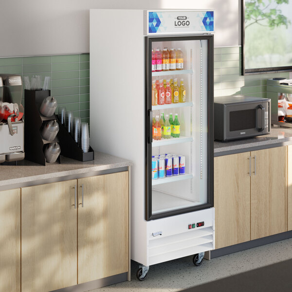 Avantco GDC-23-HC 28 3/8" White Swing Glass Door Merchandiser Refrigerator with LED Lighting and Customizable Panel