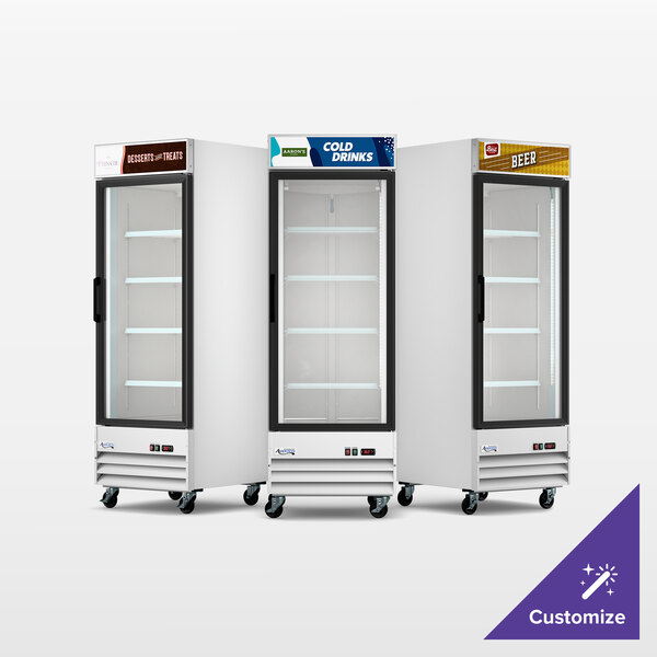 Avantco GDC-23-HC 28 3/8" White Swing Glass Door Merchandiser Refrigerator with LED Lighting and Customizable Panel