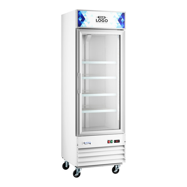 Avantco GDC-12F-HC 27 1/8" White Swing Glass Door Merchandiser Freezer with LED Lighting and Customizable Panel