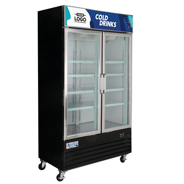 a double door refrigerator with glass doors