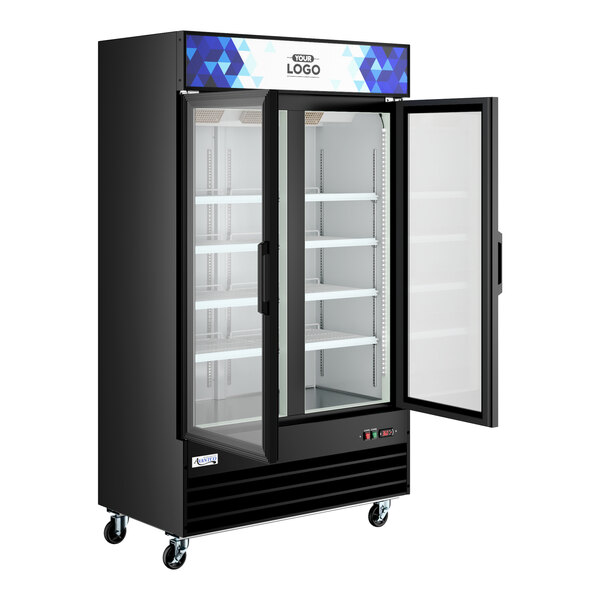Avantco GDC-40-HC 48" Black Swing Glass Door Merchandiser Refrigerator with LED Lighting and Customizable Panel