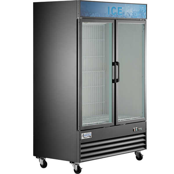 An Avantco black glass door ice merchandiser.