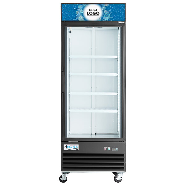 A white sign panel for an Avantco glass door freezer.