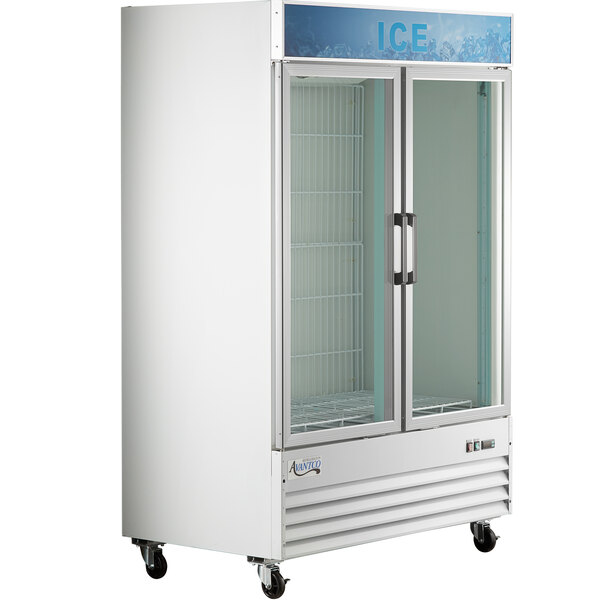 An Avantco white ice merchandiser with glass doors.