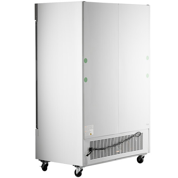 An Avantco white ice merchandiser with a glass door and wheels.