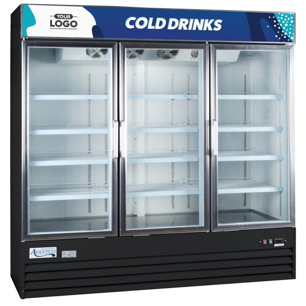 An Avantco swing glass door refrigerator with customizable panel.