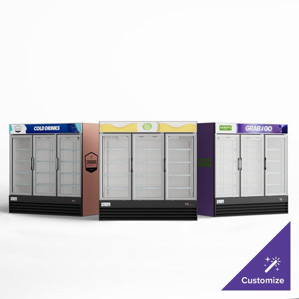 An Avantco merchandising refrigerator with glass doors.