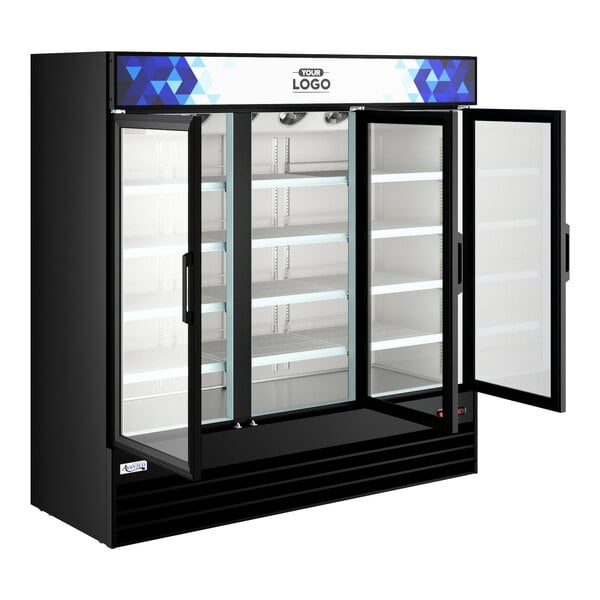 Avantco GDC-69-HC 78 1/4" Black Swing Glass Door Merchandiser Refrigerator with LED Lighting and Customizable Panel