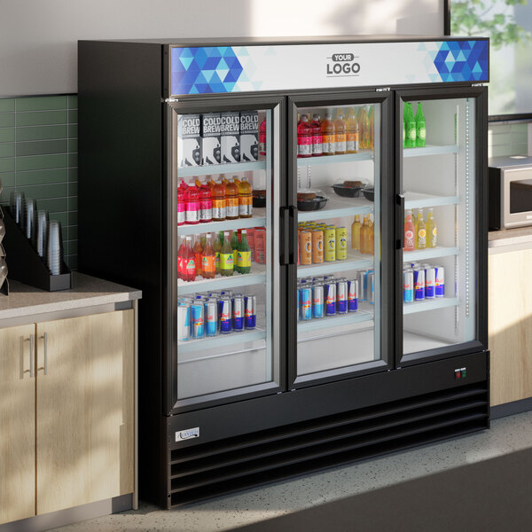 Avantco GDC-69-HC 78 1/4" Black Swing Glass Door Merchandiser Refrigerator with LED Lighting and Customizable Panel