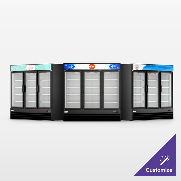 Avantco GDC-69-HC 78 1/4" Black Swing Glass Door Merchandiser Refrigerator with LED Lighting and Customizable Panel