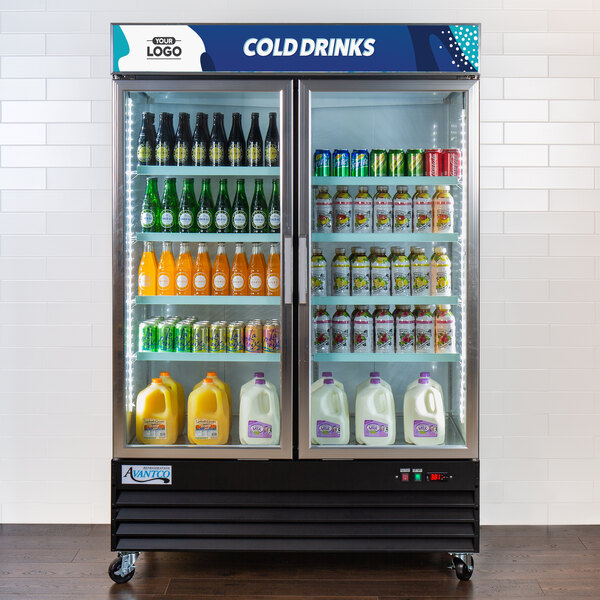 An Avantco black swing glass door merchandiser refrigerator with drinks and beverages inside.