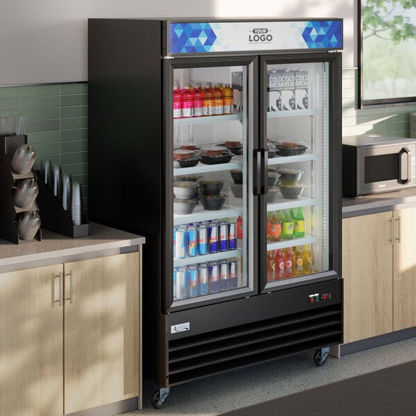 Avantco GDC-49-HC 53" Black Swing Glass Door Merchandiser Refrigerator with LED Lighting and Customizable Panel