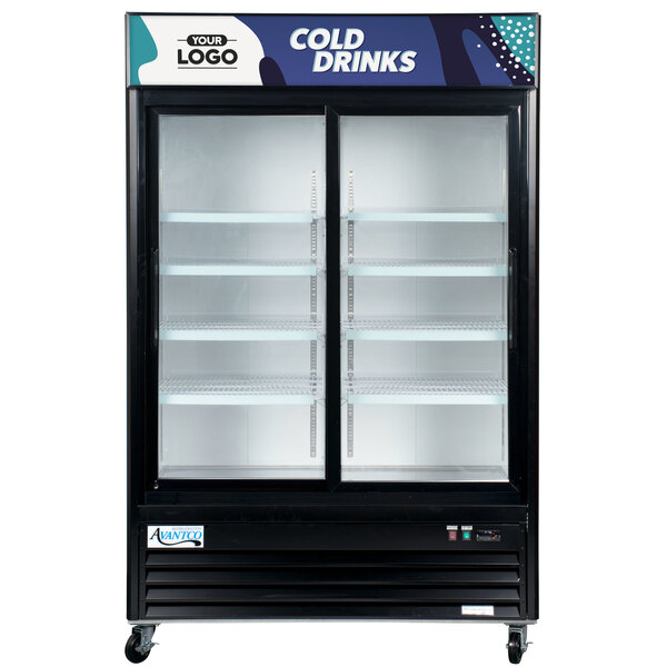 A white Avantco sign panel for a black refrigerator with glass doors.