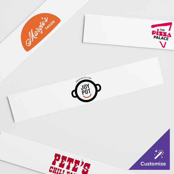 A white Avantco customizable sign panel with different logos on white paper strips.