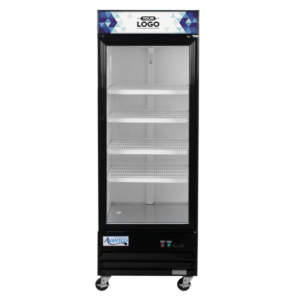 A black and white Avantco refrigerator with a customizable sign panel on it.