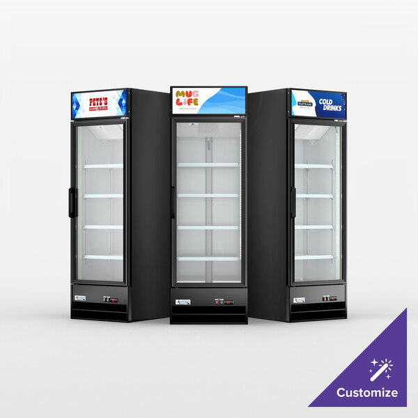 Avantco GDC-15-HC 25 5/8" Black Swing Glass Door Merchandiser Refrigerator with LED Lighting and Customizable Panel
