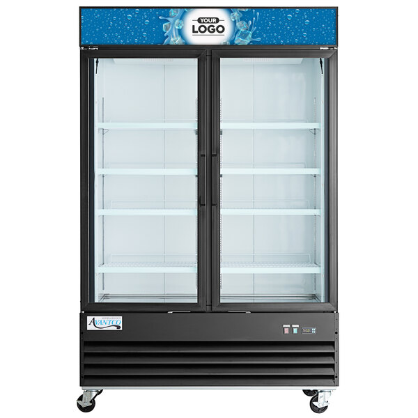 A white customizable sign panel for Avantco glass door refrigerators.