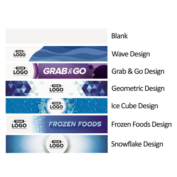 A white customizable sign panel with different designs for Avantco merchandisers.