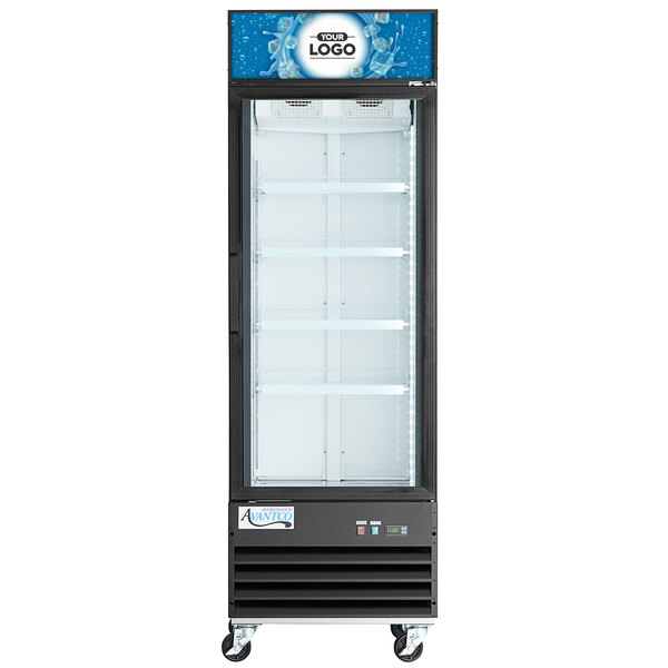 A white sign panel with a black logo on a black Avantco freezer.
