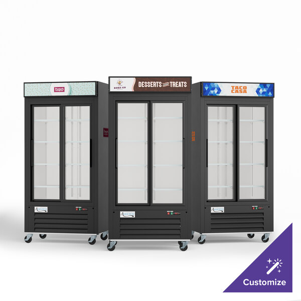 An Avantco black sliding glass door merchandiser refrigerator.