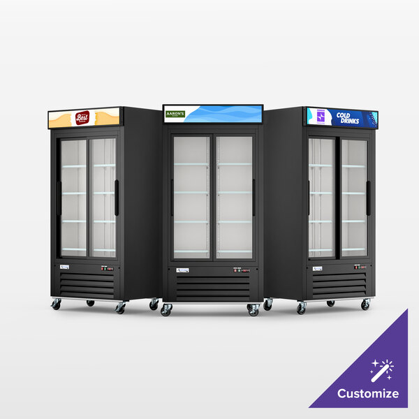 Avantco GDS-33-HCB 40" Black Sliding Glass Door Merchandiser Refrigerator with LED Lighting and Customizable Panel