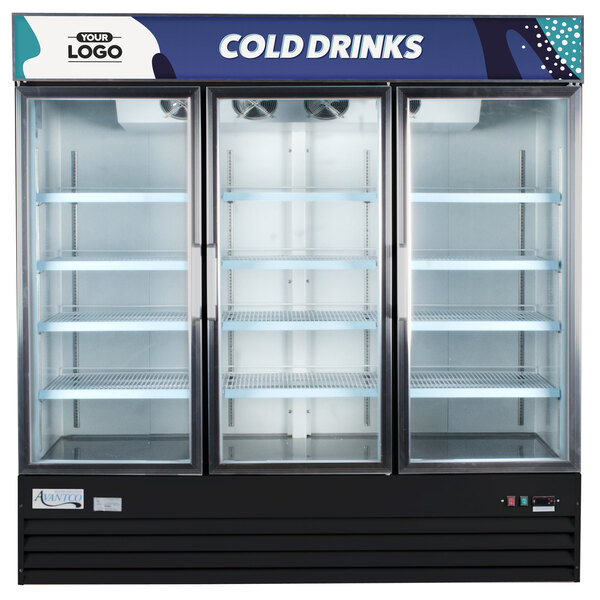 a refrigerator with shelves and fans