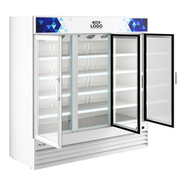 Avantco GDC-69-HC 78 1/4" White Swing Glass Door Merchandiser Refrigerator with LED Lighting and Customizable Panel