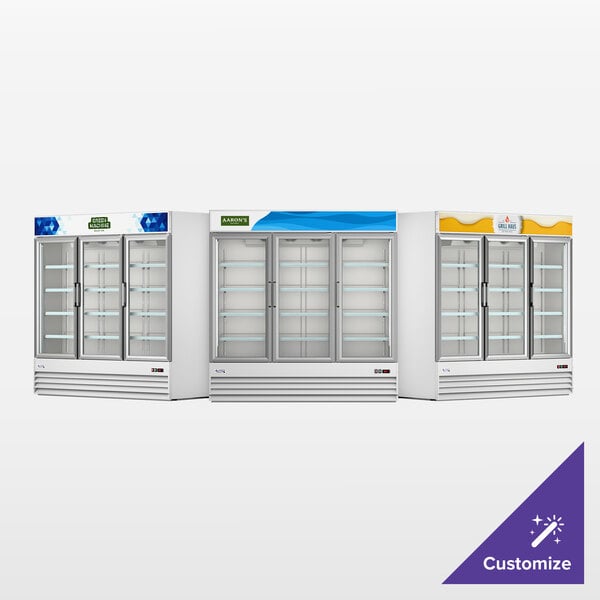 Avantco GDC-69-HC 78 1/4" White Swing Glass Door Merchandiser Refrigerator with LED Lighting and Customizable Panel