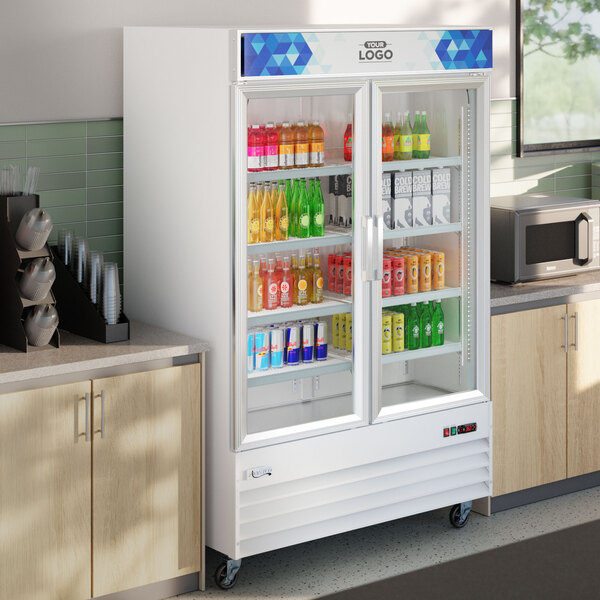 Avantco GDC-49-HC 53" White Swing Glass Door Merchandiser Refrigerator with LED Lighting and Customizable Panel
