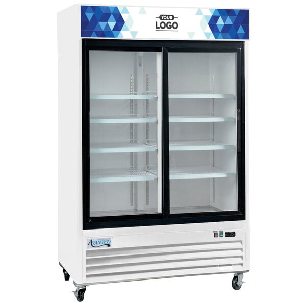 An Avantco white sliding glass door merchandiser refrigerator with LED lighting on wheels.