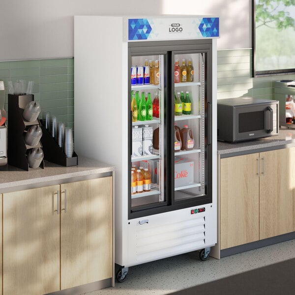 Avantco GDS-33-HCW 40" White Sliding Glass Door Merchandiser Refrigerator with LED Lighting and Customizable Panel