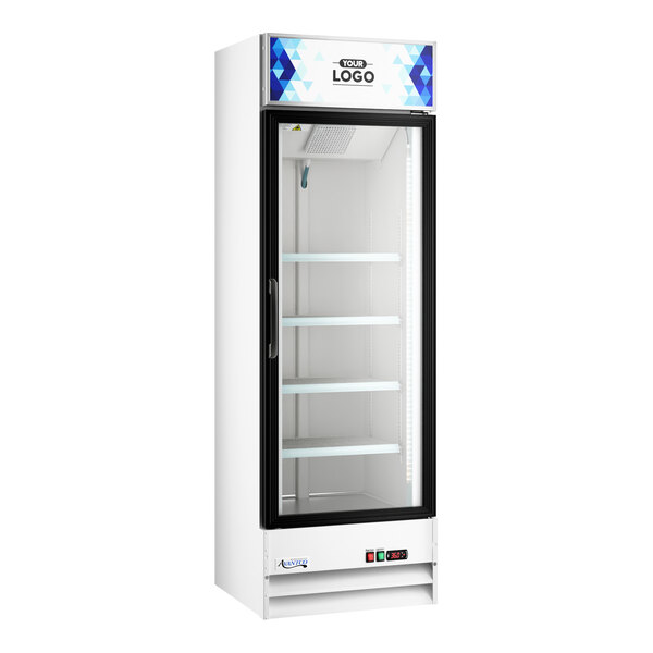 Avantco GDC-15-HC 25 5/8" White Swing Glass Door Merchandiser Refrigerator with LED Lighting and Customizable Panel