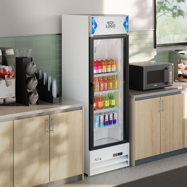 Avantco GDC-15-HC 25 5/8" White Swing Glass Door Merchandiser Refrigerator with LED Lighting and Customizable Panel