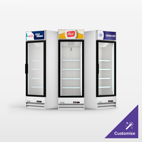 Avantco GDC-15-HC 25 5/8" White Swing Glass Door Merchandiser Refrigerator with LED Lighting and Customizable Panel