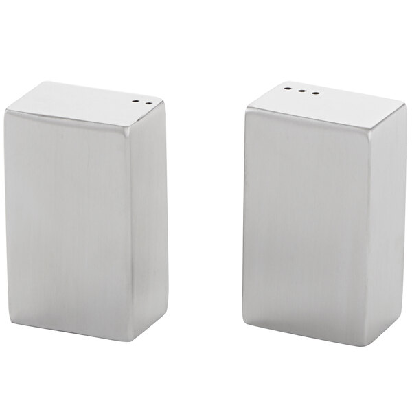 A pair of silver rectangular metal salt and pepper shakers.