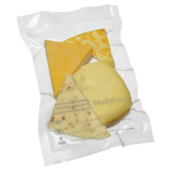A package of Hamilton Beach vacuum sealed cheese with a slice of cheese on it.