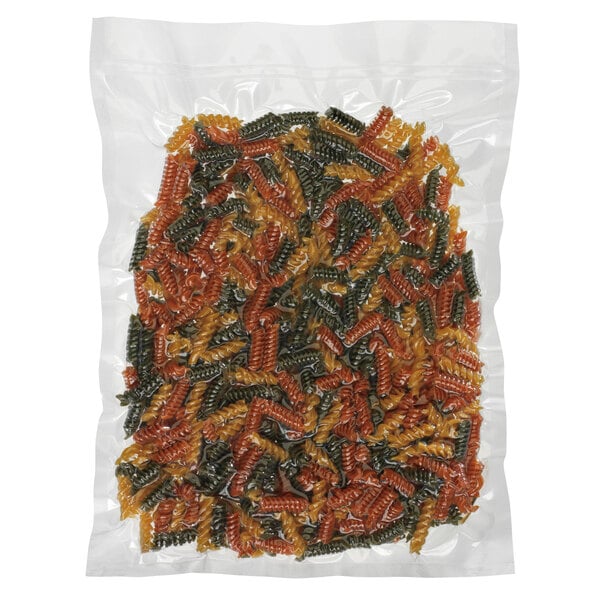 A case of Hamilton Beach vacuum seal pouches holding a bag of pasta with different colors and shapes.