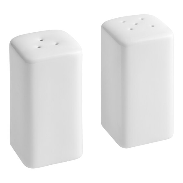 A white rectangular ceramic salt and pepper shaker set with a white top.