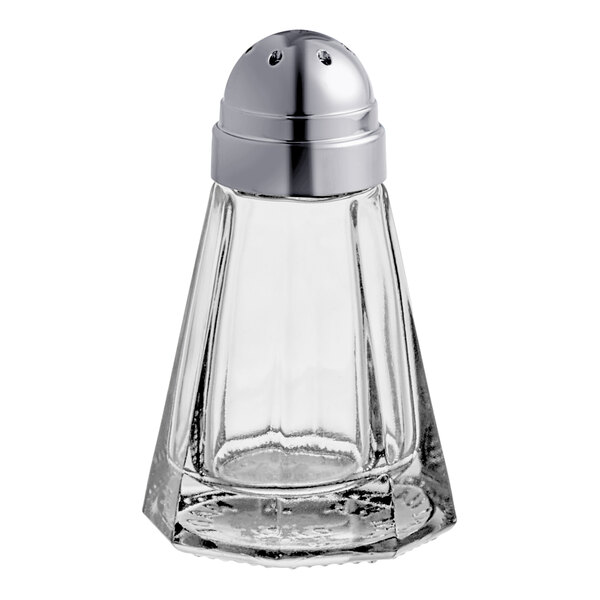 An American Metalcraft salt and pepper shaker with a clear glass container and silver lid.