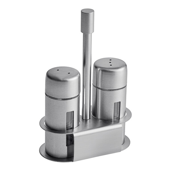 A set of American Metalcraft stainless steel salt and pepper shakers on a counter with a base.