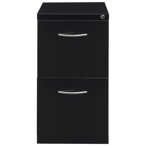 A close-up of a black Hirsh Industries mobile pedestal file cabinet with silver handles.