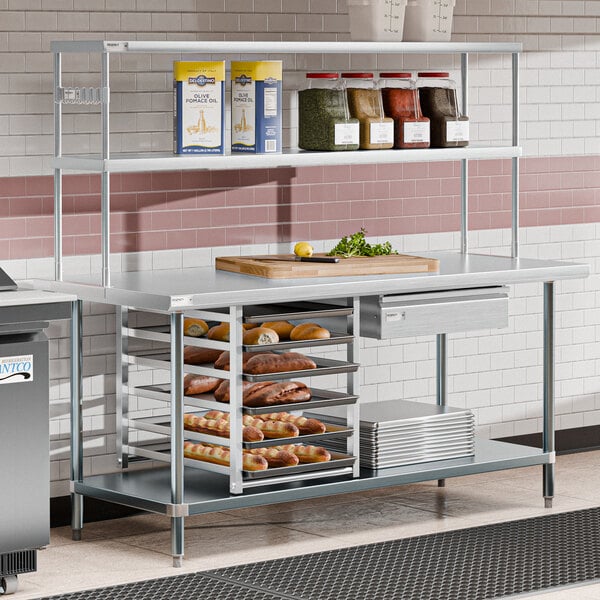 Regency 30" x 72" 18 Gauge 304 Stainless Steel Commercial Work Table with Undershelf, 12" Overshelf, Drawer, Pot Rack, and Bun Pan Rack