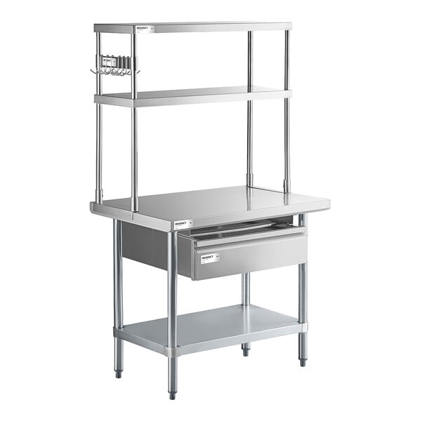 Regency 24" x 36" 18-Gauge 304 Stainless Steel Commercial Work Table with Undershelf, 12" Overshelf, Drawer, and Pot Rack