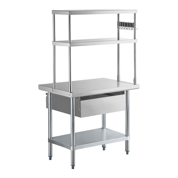 Regency 24" x 36" 18-Gauge 304 Stainless Steel Commercial Work Table with Undershelf, 12" Overshelf, Drawer, and Pot Rack
