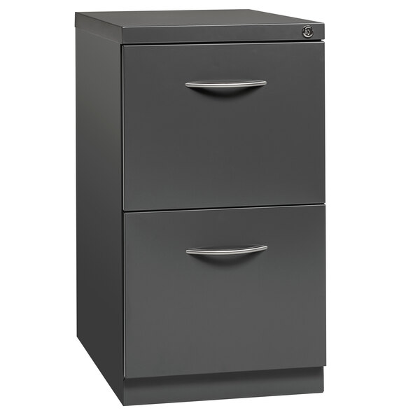 A Hirsh Industries charcoal mobile pedestal file cabinet with 2 file drawers.