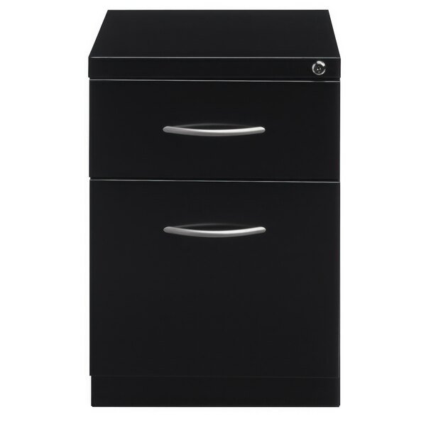 A charcoal Hirsh Industries mobile pedestal file cabinet with two drawers and silver handles.